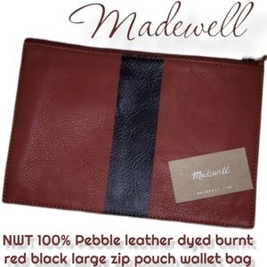 Madewell preppy leather pouch bag dyed burnt red & black stripe clutch wallet